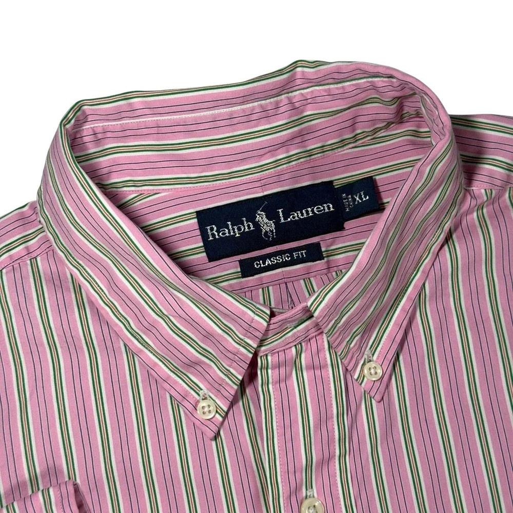 Polo Ralph Lauren Mens XL Classic Fit Pink Green Striped Button Down Shirt